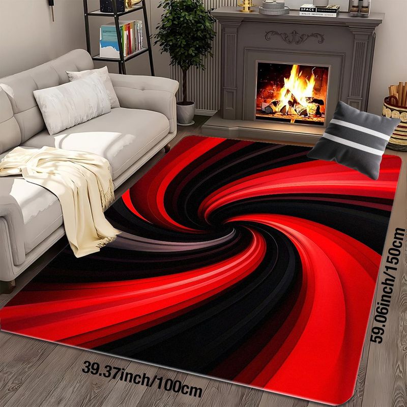 Printed Rug Abstract - พรมลายสไปรัลสีแดงดำ พรมขนนุ่มลายคลื่นไดนามิก พรมปูพื้นห้องนั่งเล่น ตกแต่งสไตล์โมเดิร์น พรมลายนามธรรม