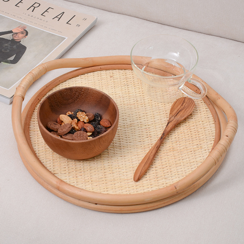 Rattan Tray Handle - ถาดหวายธรรมชาติ, ถาดเก็บของมีหูหิ้ว, ถาดใส่ผลไม้และของว่างสำหรับน้ำชายามบ่าย, จานเก็บของจิปาถะ