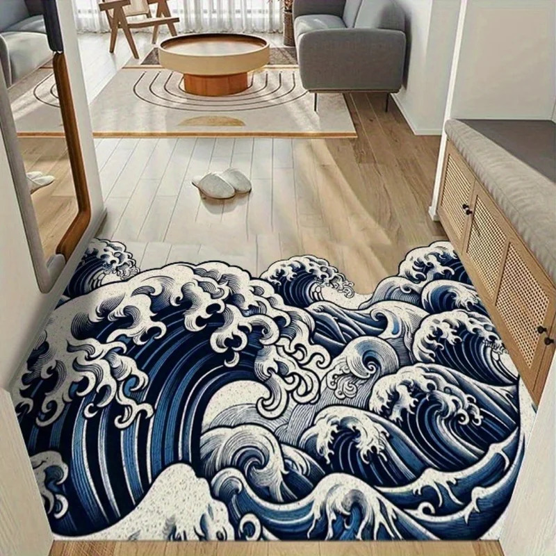 Printed Rug Abstract - VIKAMA พรมลายคลื่นแบบนามธรรม พรมดูดซับกันลื่น พรมอาบน้ำแบบนุ่มสำหรับทางเข้า ห้องน้ำ และตกแต่งห้องนั่งเล่น