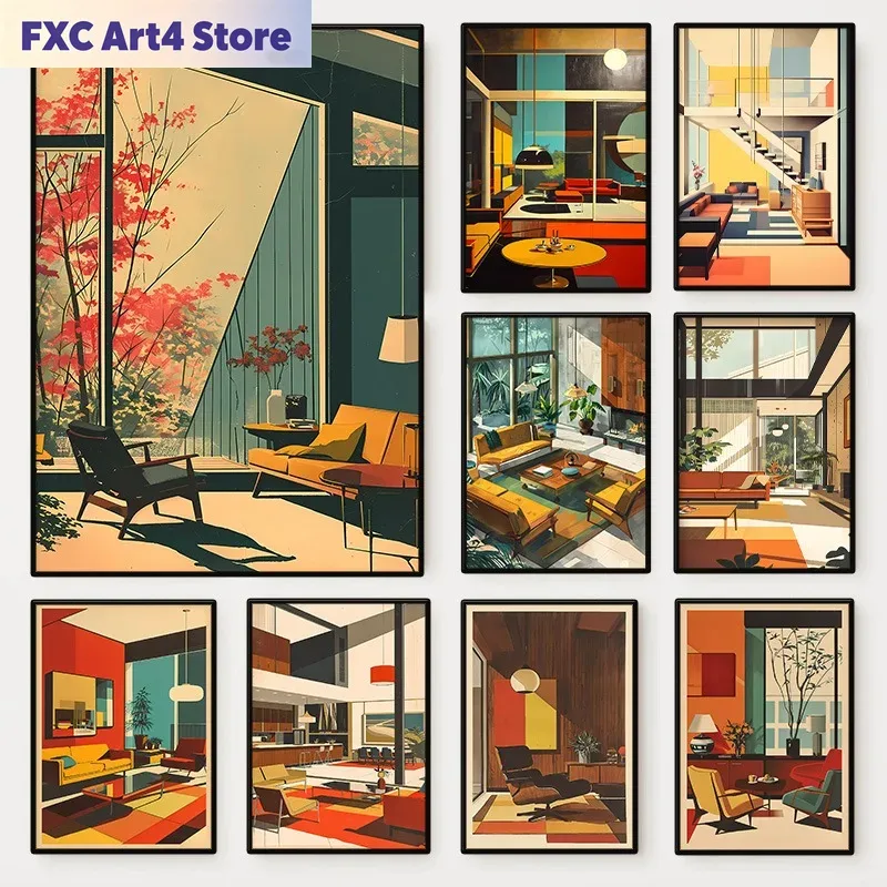 Interior Design Layout - โปสเตอร์สถาปัตยกรรมภายในแบบวินเทจไร้กรอบ ศิลปะบนผืนผ้าใบสไตล์บาวเฮาส์ยุคกลางศตวรรษ ภาพวาดตกแต่งผนังสวยงามสำหรับห้องนั่งเล่น