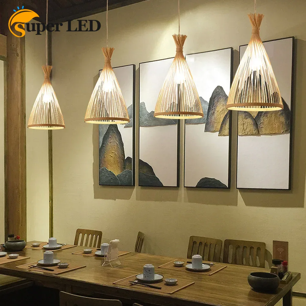Wicker Pendant Shade - โคมไฟระย้าหวายจากไม้ไผ่ธรรมชาติสไตล์ญี่ปุ่นโคมไฟ E27 LED โคมไฟโคมไฟติดเพดานสานแบบแฮนด์เมดโคมไฟแขวนเฉดสีหวาย