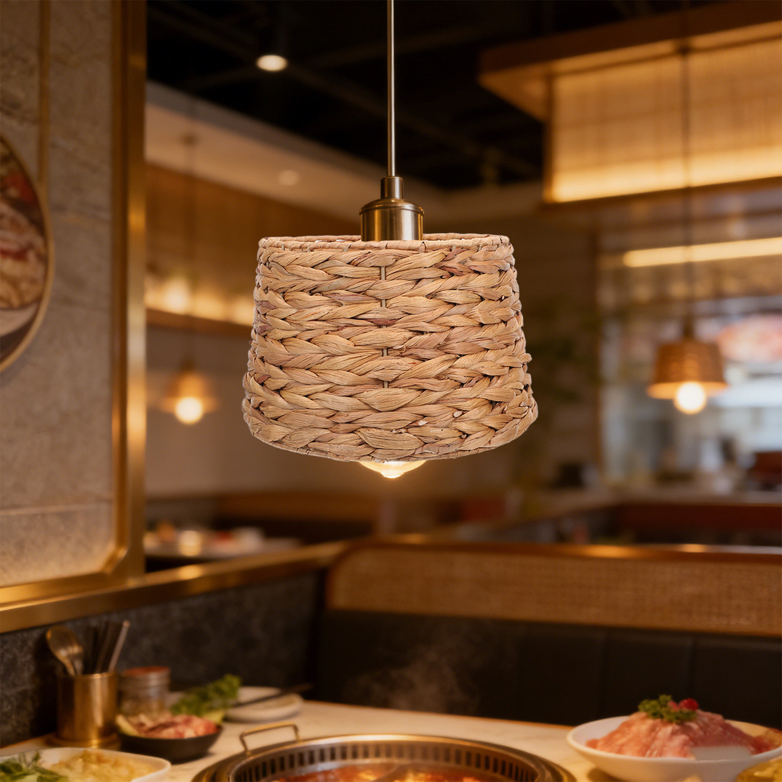 Wicker Pendant Shade - โคมไฟทรงกลมทำจากหญ้าทะเล เส้นผ่านศูนย์กลางรู 42 มม. โคมไฟแขวนสไตล์วินเทจทอมือจากหวาย สำหรับห้องนั่งเล่น