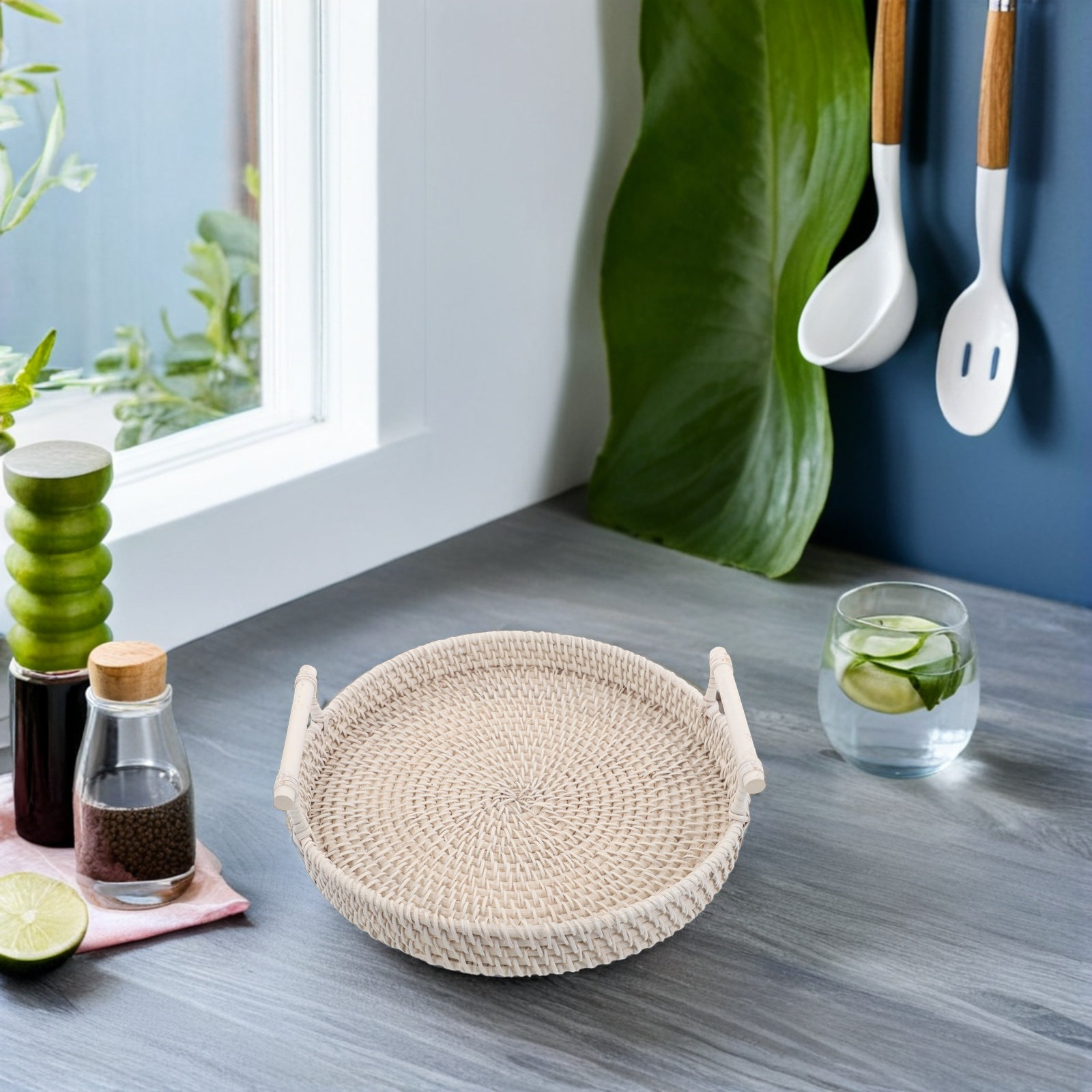 Rattan Tray Handle - ถาดหวายทรงกลม ถาดเสิร์ฟทรงกลมพร้อมหูจับสำหรับใส่ผลไม้ ขนมปัง ของว่าง ผ้าเช็ดตัวแขก ถาดตกแต่งสำหรับบ้าน