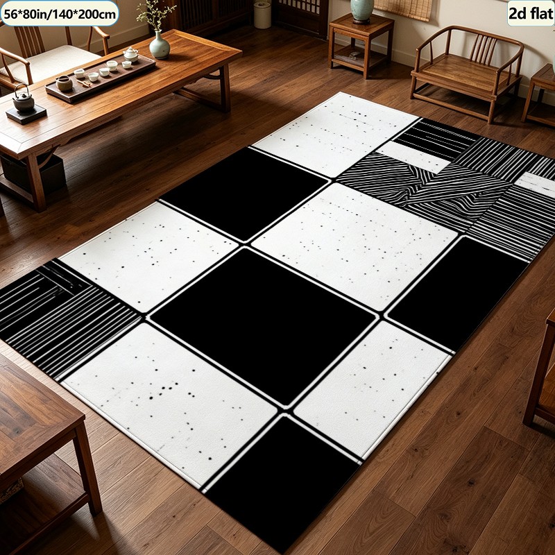 พรมปูพื้นลายกระเบื้องสีดำขาวแบ - Printed Rug Abstract บทวิจารณ์และราคา