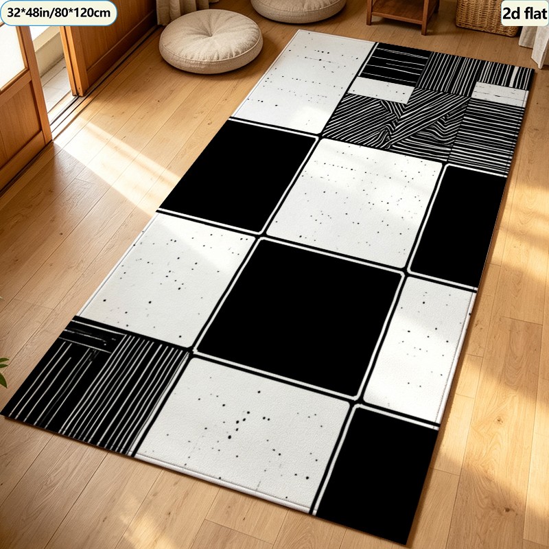 พรมปูพื้นลายกระเบื้องสีดำขาวแบ - Printed Rug Abstract บทวิจารณ์และราคา