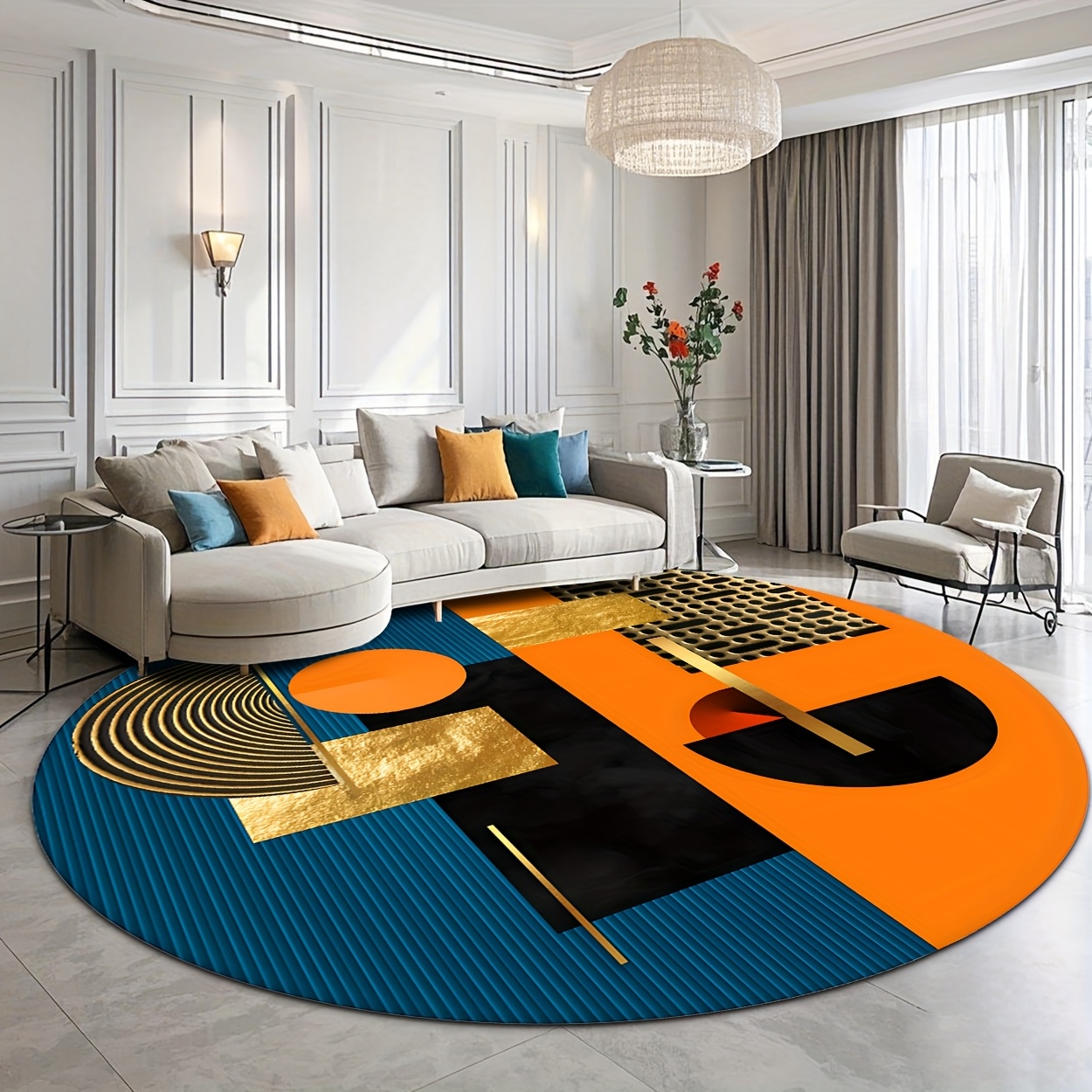 พรมกลมลายเรขาคณิตสีส้ม น้ำเงิน - Printed Rug Abstract บทวิจารณ์และราคา