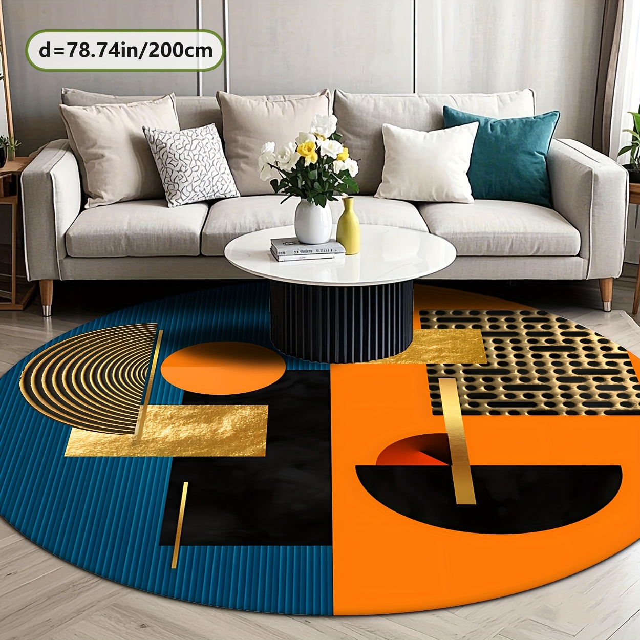 พรมกลมลายเรขาคณิตสีส้ม น้ำเงิน - Printed Rug Abstract บทวิจารณ์และราคา