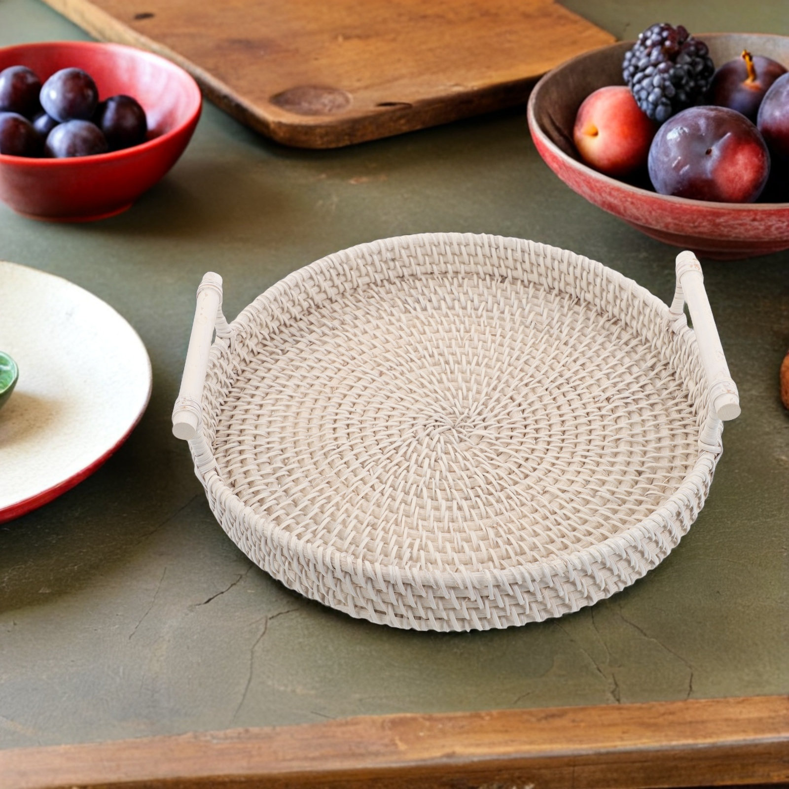 ถาดหวายทรงกลม ถาดเสิร์ฟทรงกลมพ - Rattan Tray Handle บทวิจารณ์และราคา